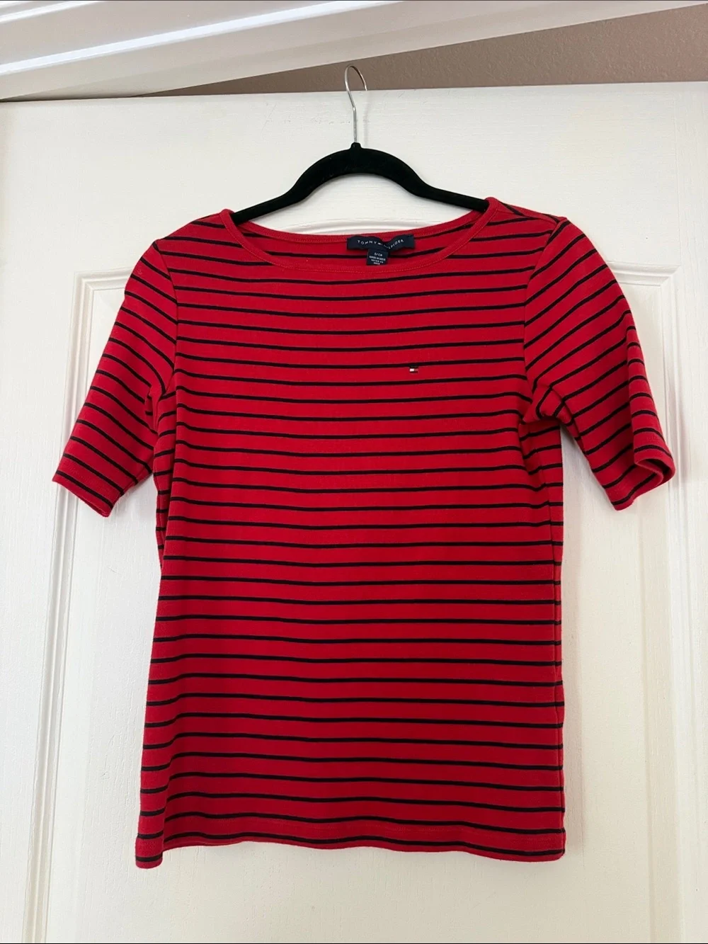 Tommy Hilfiger Red and Black Striped Short Sleeve Tee